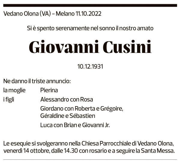 Annuncio funebre Giovanni Cusini