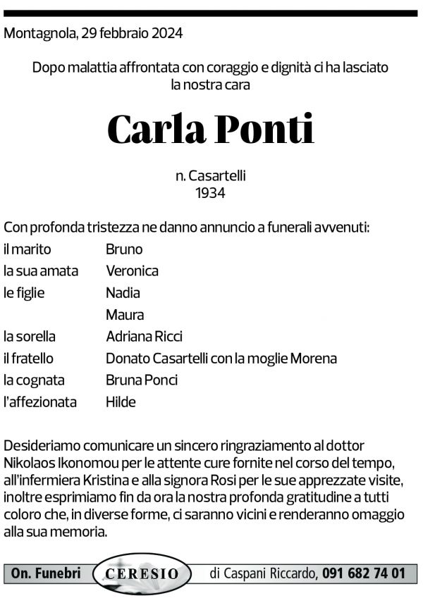 Annuncio funebre Carla Ponti