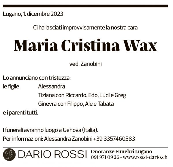 Annuncio funebre Maria Cristina Wax