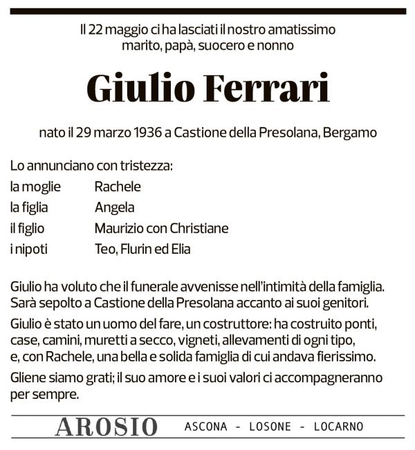 Annuncio funebre Giulio Ferrari