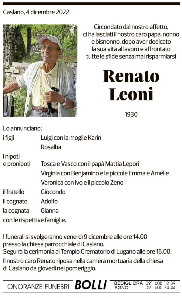 Annuncio funebre Renato Leoni