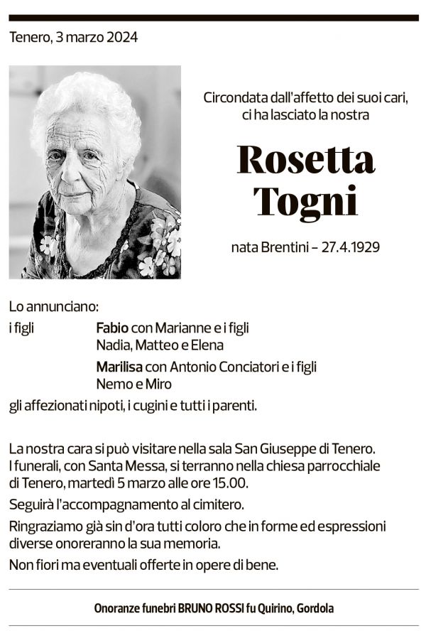 Annuncio funebre Rosetta Togni
