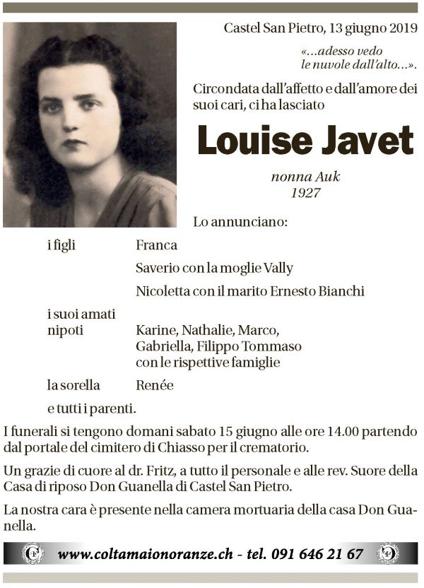 Annuncio funebre Louise Javet