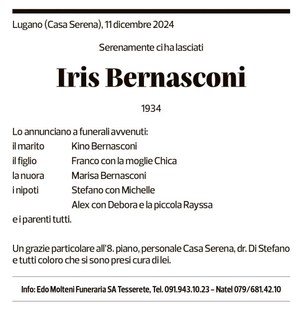 Annuncio funebre Iris Bernasconi