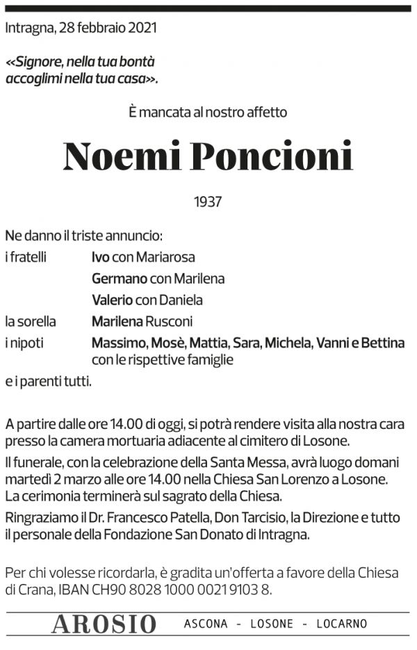 Annuncio funebre Noemi Poncioni