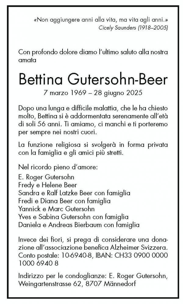 Annuncio funebre Bettina Gutersohn-beer