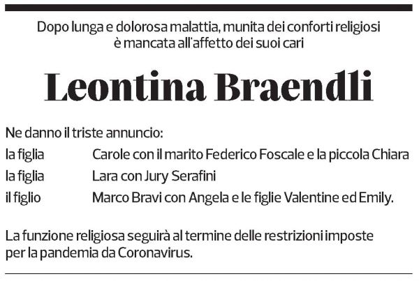Annuncio funebre Leontida Braendli