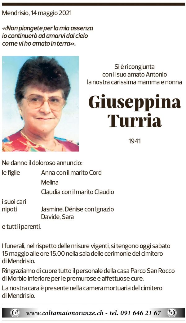 Annuncio funebre Giuseppina Turria