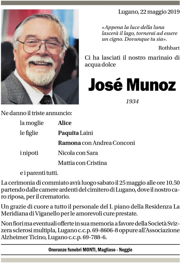Annuncio funebre José Munoz