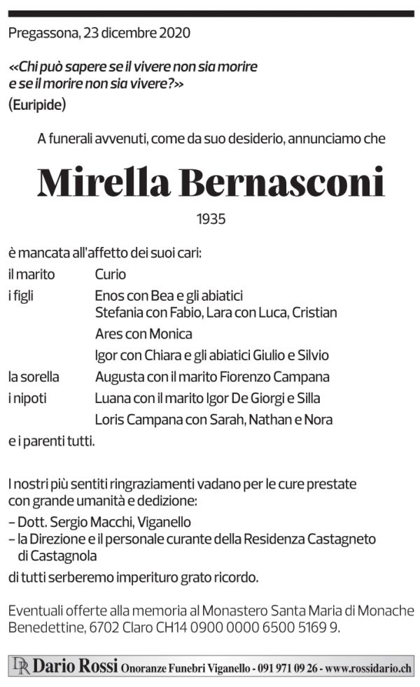 Annuncio funebre Mirella Bernasconi