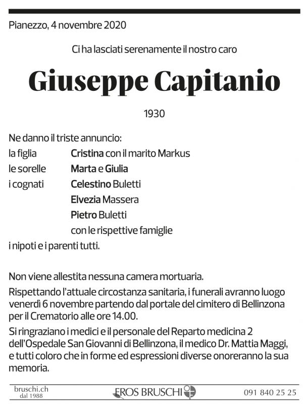 Annuncio funebre Giuseppe Capitano