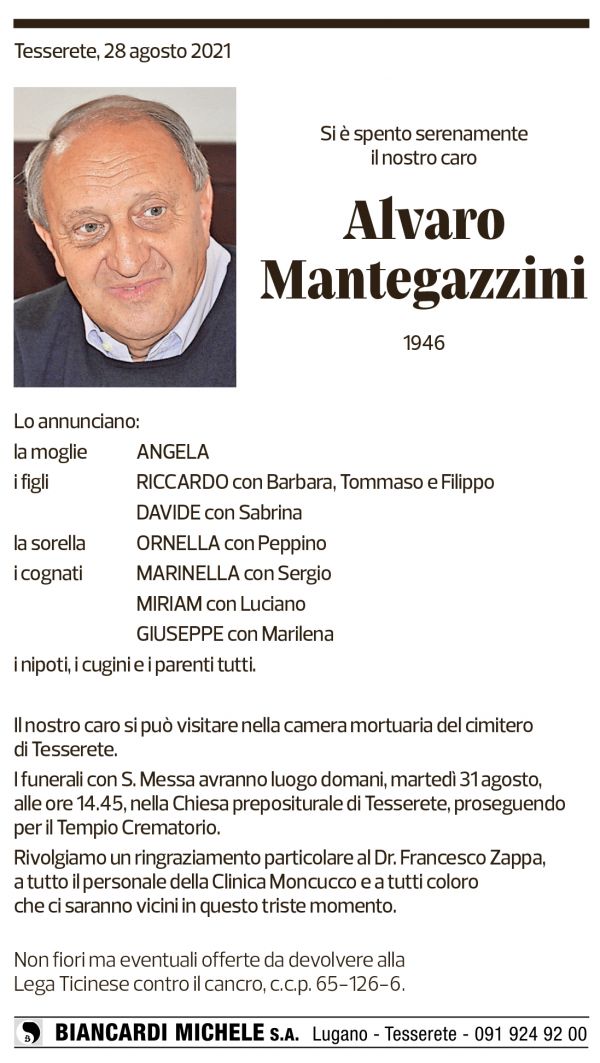 Annuncio funebre Alvaro Mantegazzini