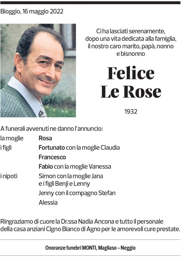 Annuncio funebre Felice Le Rose