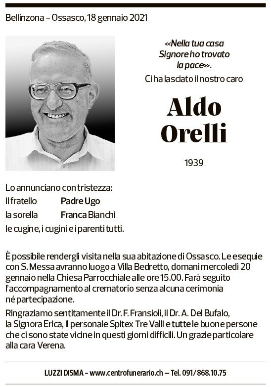 Annuncio funebre Aldo Orelli