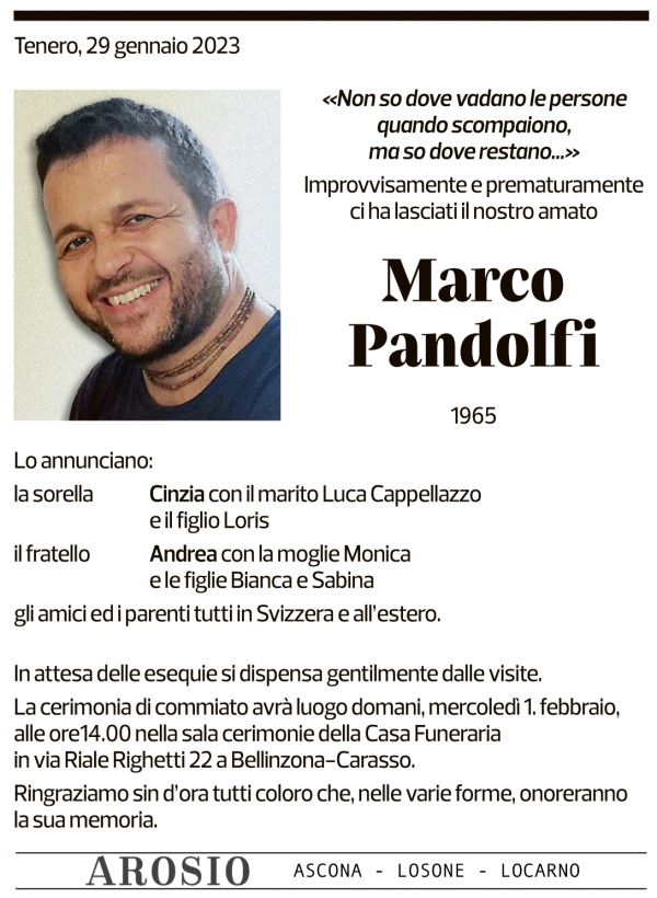 Annuncio funebre Marco Pandolfi