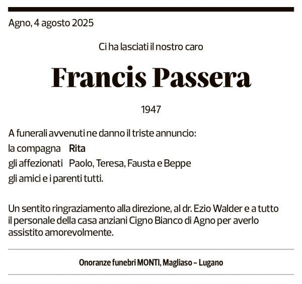 Annuncio funebre Francis Passera