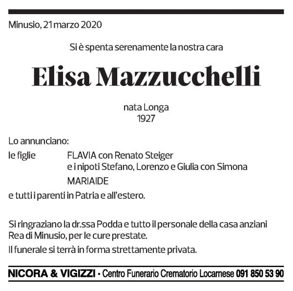 Annuncio funebre Elisa Mazzucchelli