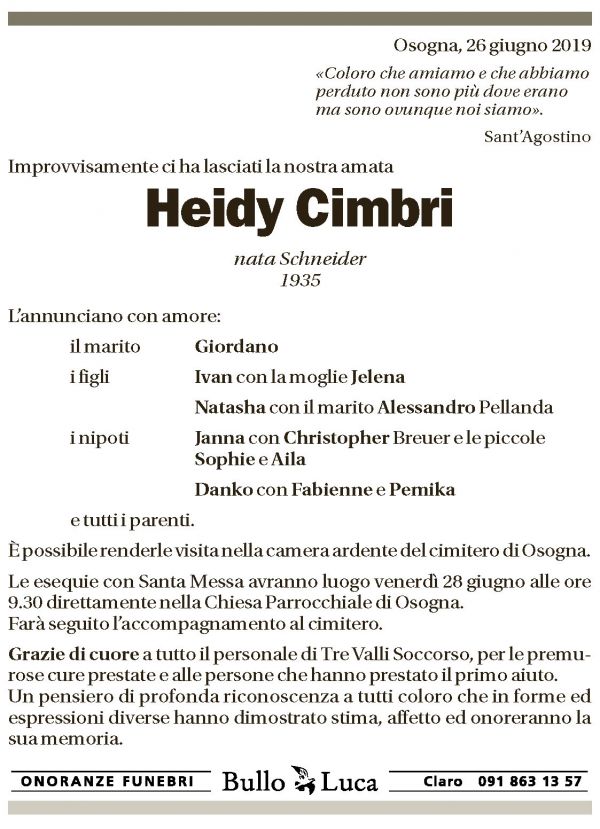 Annuncio funebre Heidy Cimbri