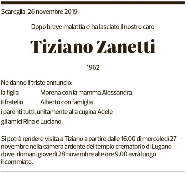 Annuncio funebre Tiziano Zanetti