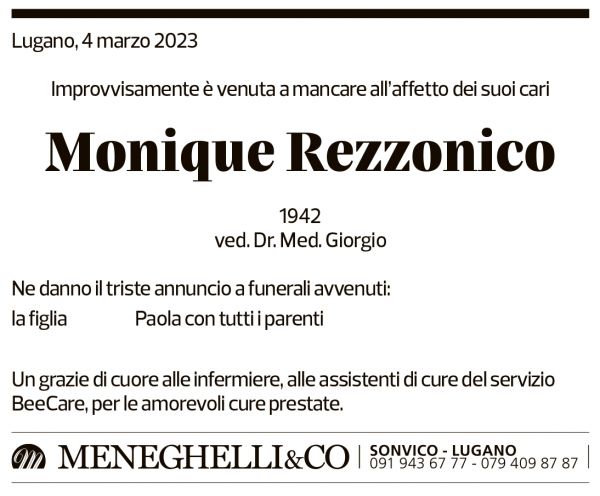 Annuncio funebre Monique Rezzonico