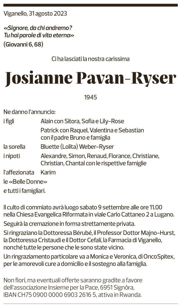 Annuncio funebre Josianne Pavan-ryser