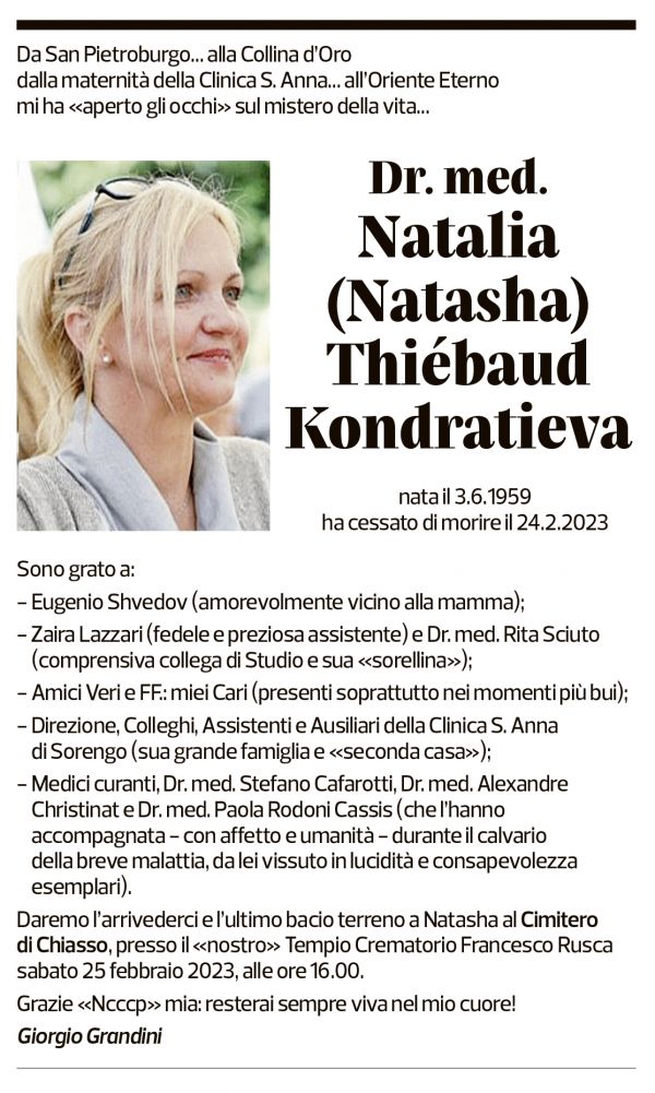 Annuncio funebre Natalia Natasha Thiébaud Kondratieva