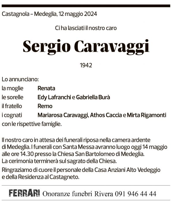 Annuncio funebre Sergio Caravaggi