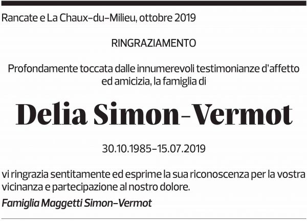 Annuncio funebre Delia Simon-vermot