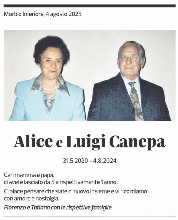 Annuncio funebre Alice Canepa Luigi Canepa