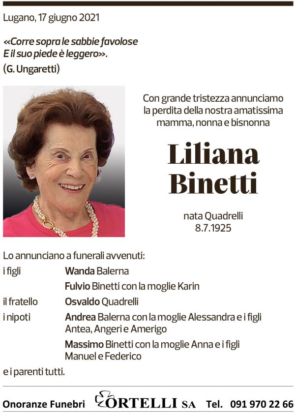 Annuncio funebre Liliana Binetti