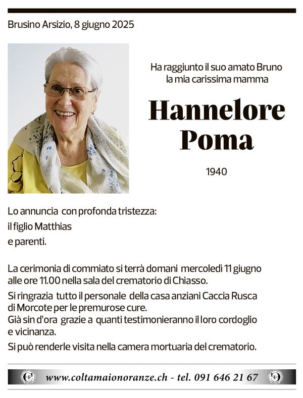Annuncio funebre Hannelore Poma