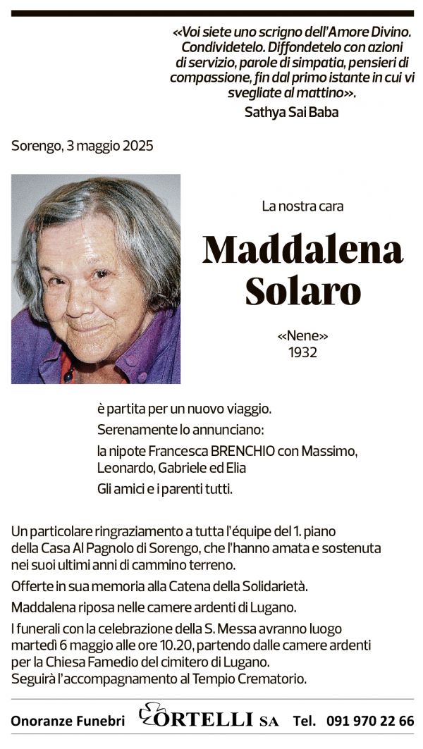 Annuncio funebre Maddalena Solaro