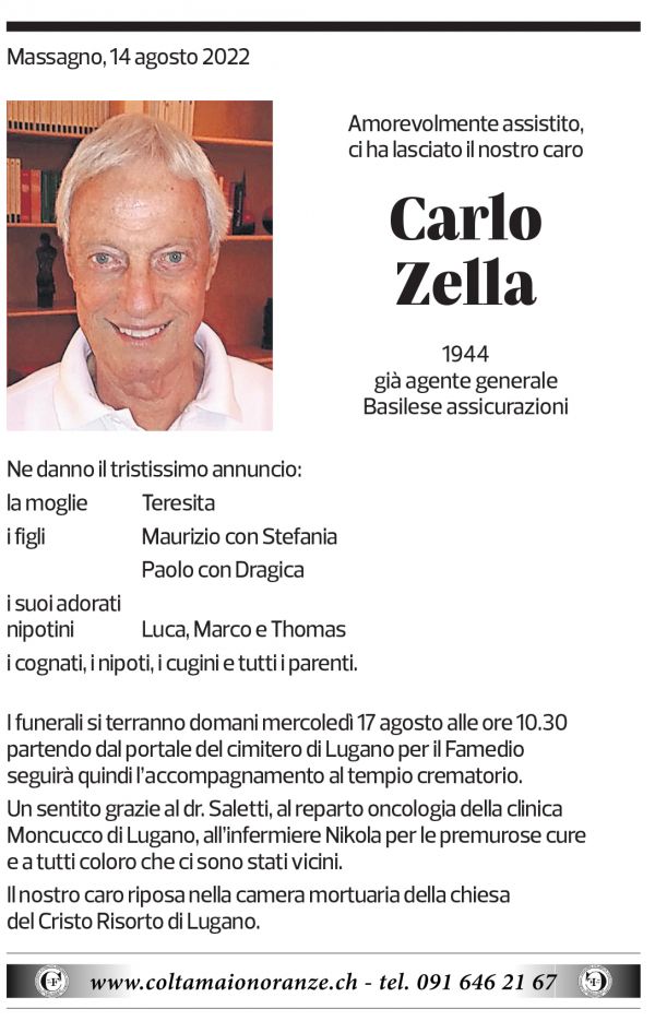 Annuncio funebre Carlo Zella