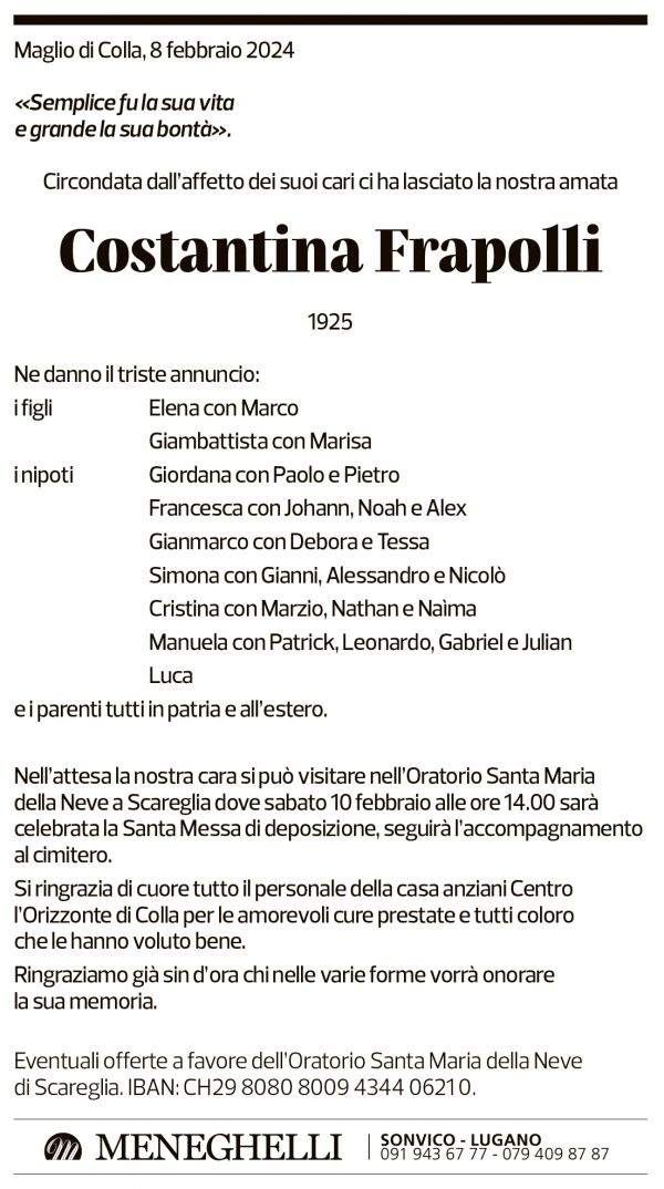 Annuncio funebre Costantina Frapolli