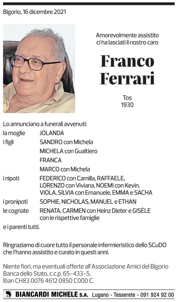 Annuncio funebre Franco Ferrari