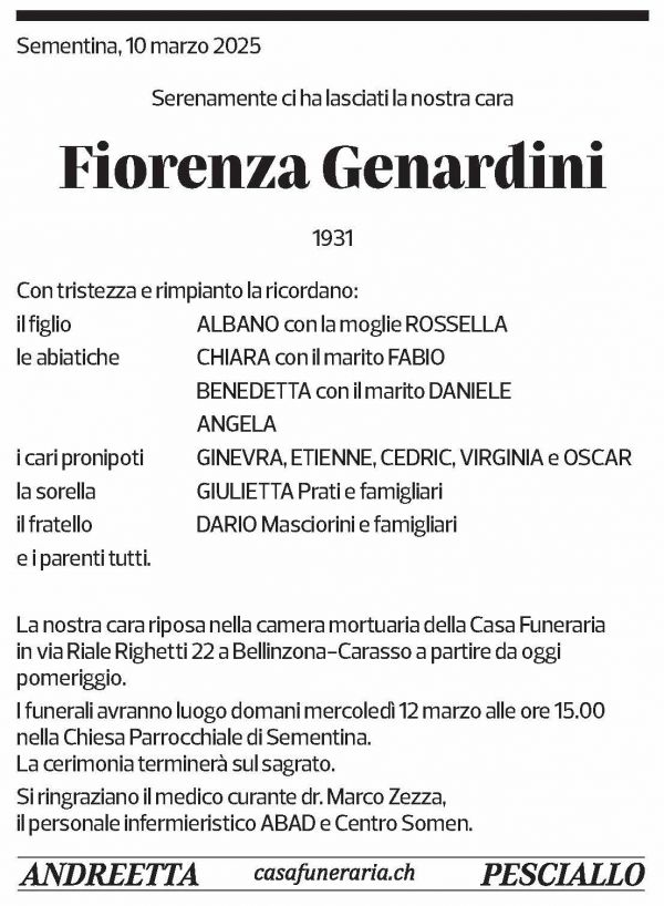 Annuncio funebre Fiorenza Genardini
