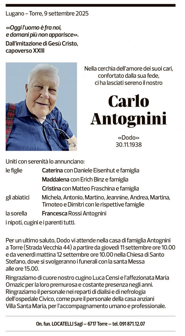 Annuncio funebre Carlo Antognini