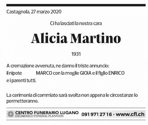 Annuncio funebre Alicia Martino