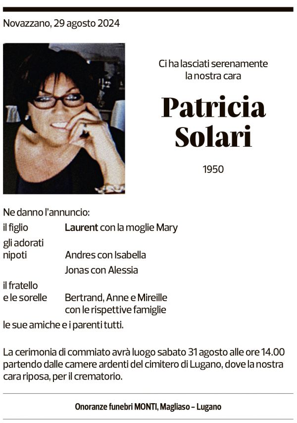 Annuncio funebre Patricia Solari