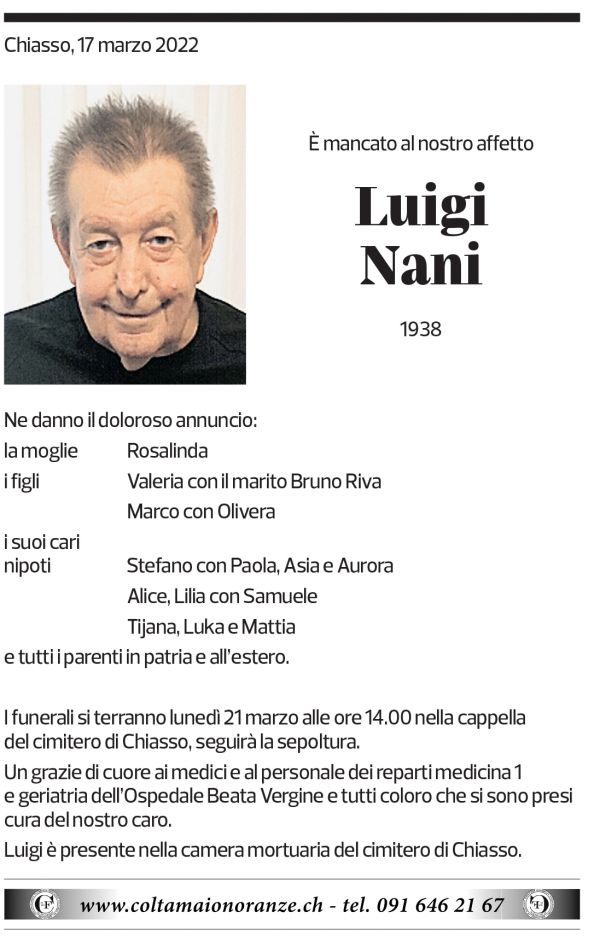 Annuncio funebre Luigi Nani