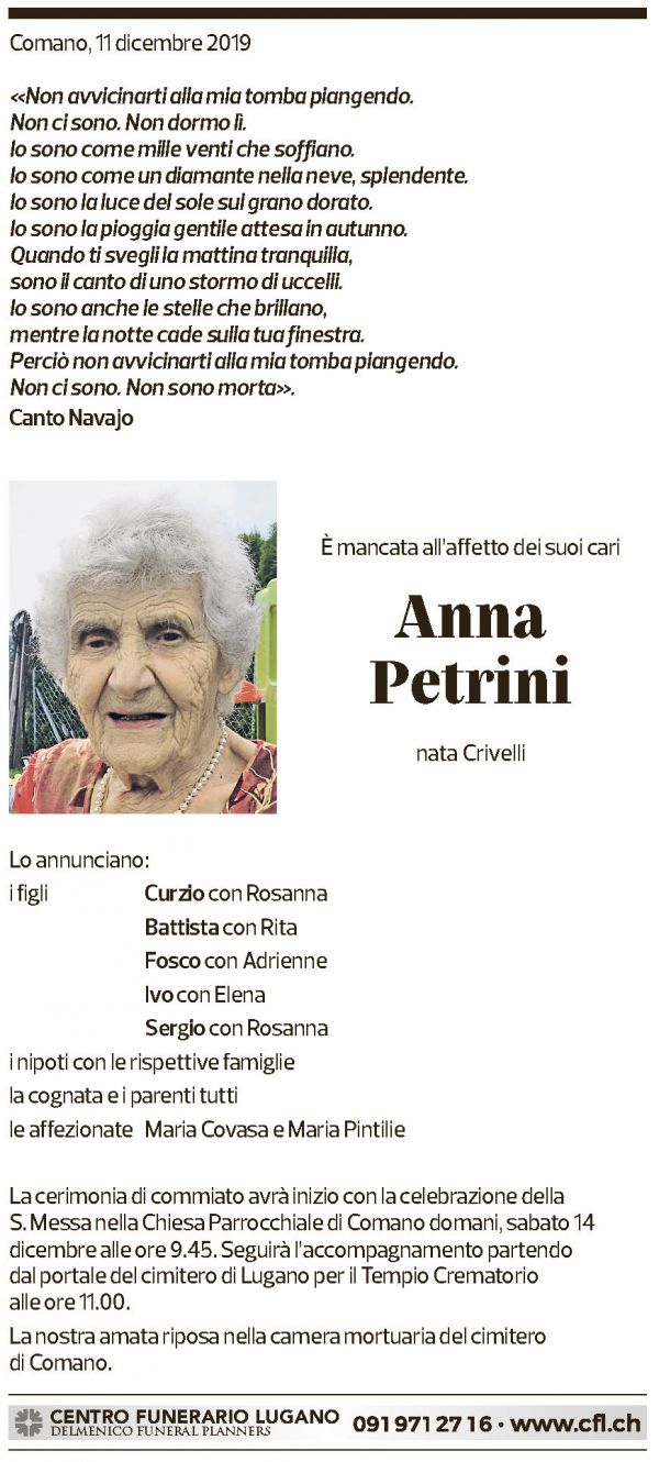 Annuncio funebre Anna Petrini