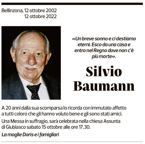 Annuncio funebre Silvio Baumann