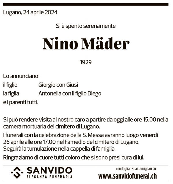 Annuncio funebre Nino Mäder