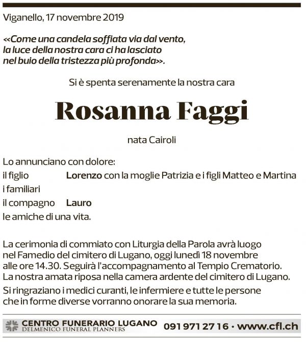 Annuncio funebre Rosanna Faggi