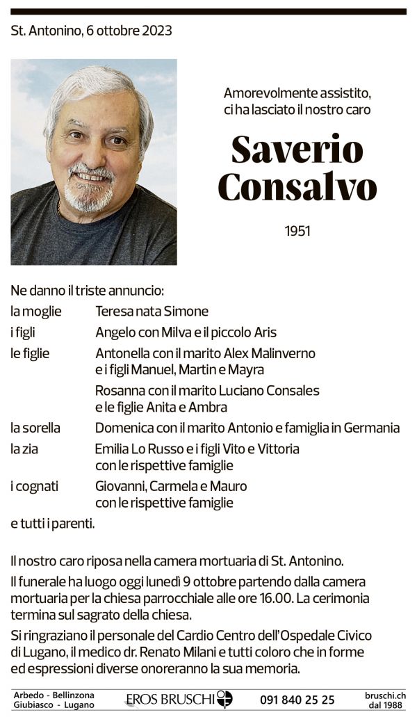 Annuncio funebre Saverio Consalvo