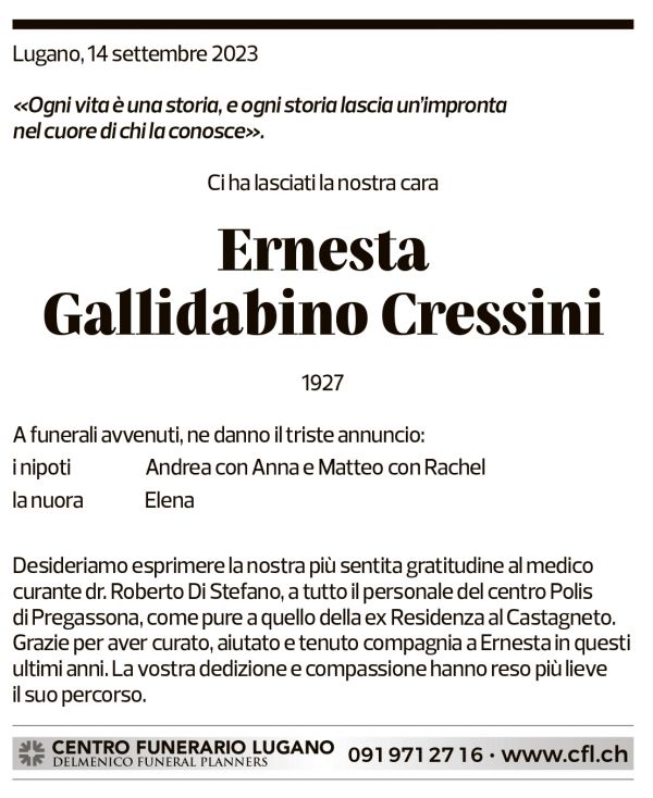 Annuncio funebre Ernesta Gallidabino Cressini