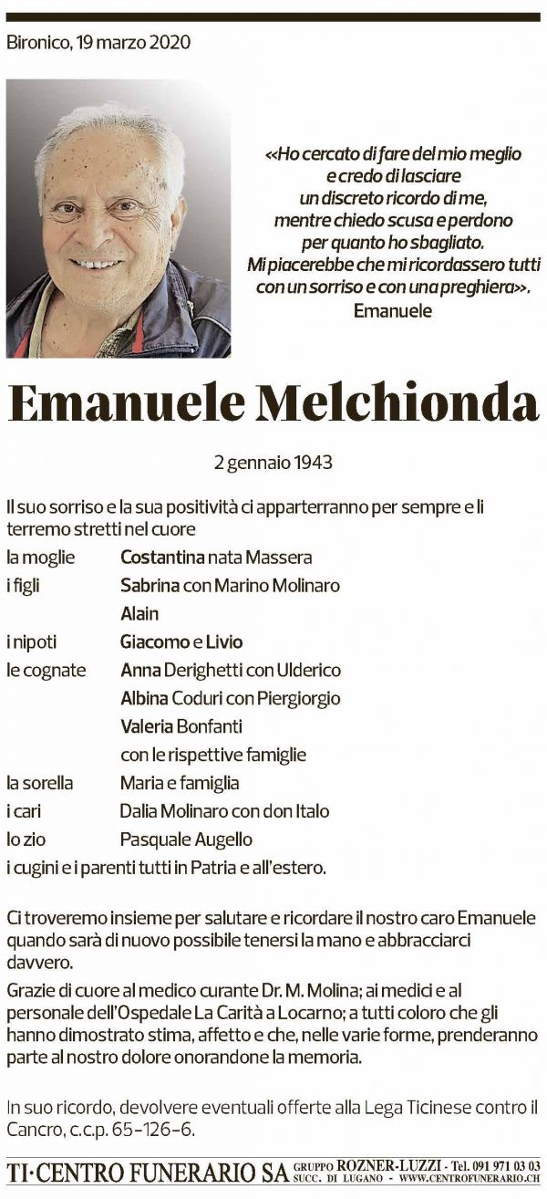 Annuncio funebre Emanuele Melchionda