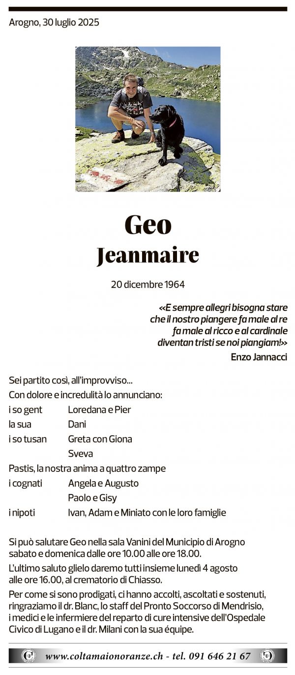 Annuncio funebre Geo Jeanmaire