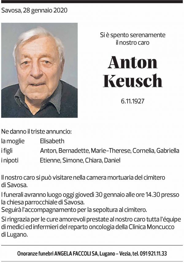 Annuncio funebre Anton Keusch