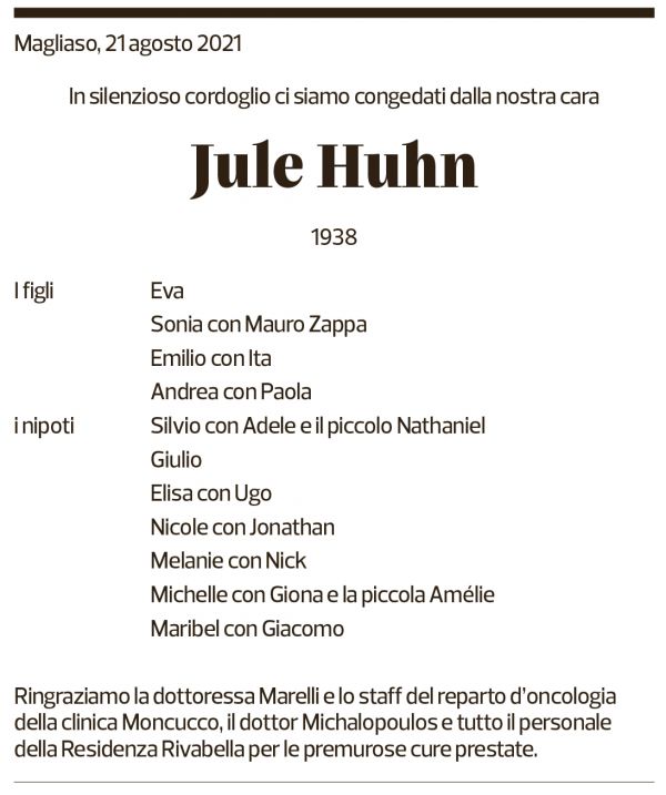 Annuncio funebre Jule Huhn